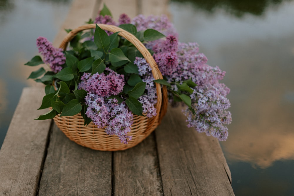 a basket of lilacs sitting on a wooden dock