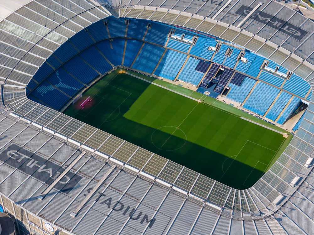 an aerial view of a soccer field in a stadium
