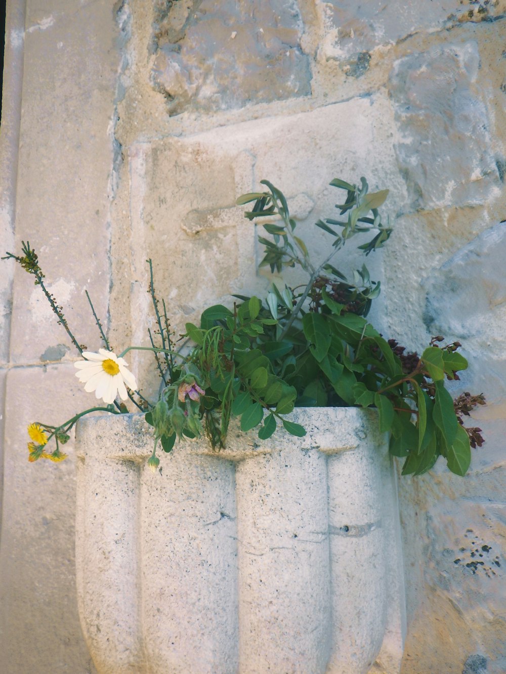 a planter with flowers in it sitting on a stone wall