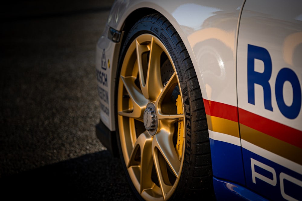 a close up of a racing car tire