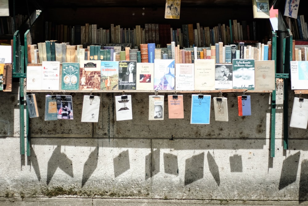 a book stand with many books on it