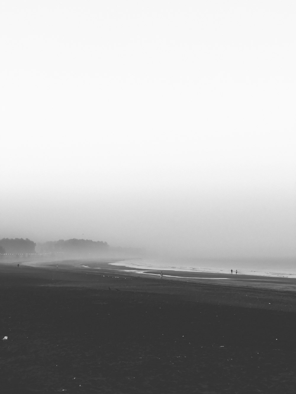 a black and white photo of a foggy beach