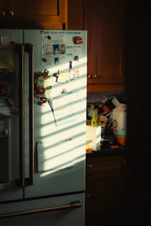 a refrigerator with a bunch of magnets on it