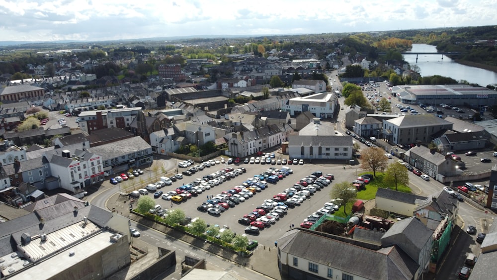 an aerial view of a parking lot in a city