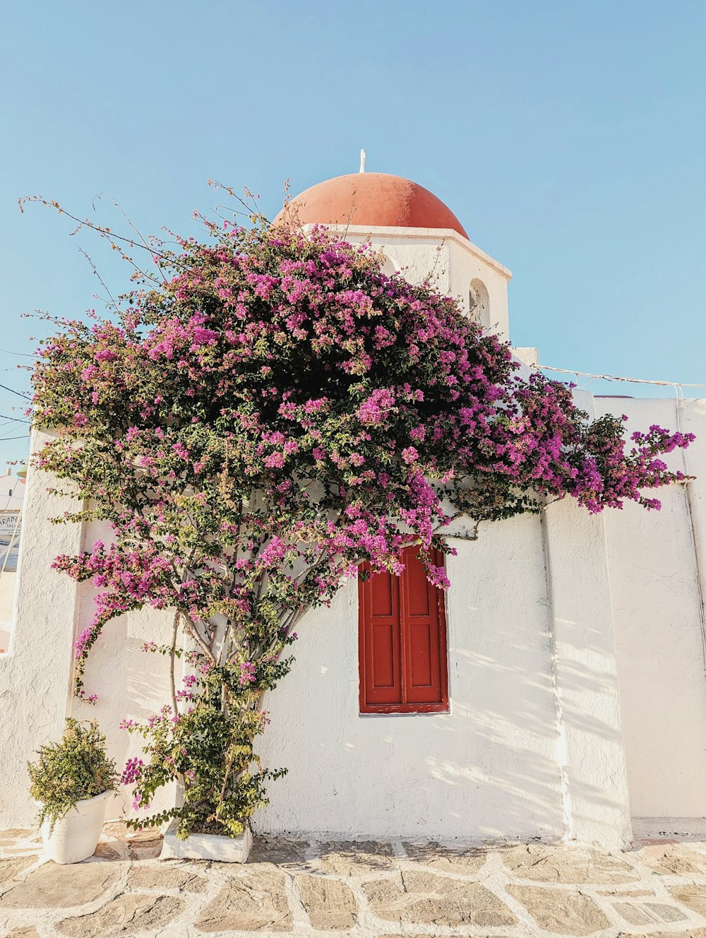 a white building with a red door and a red window