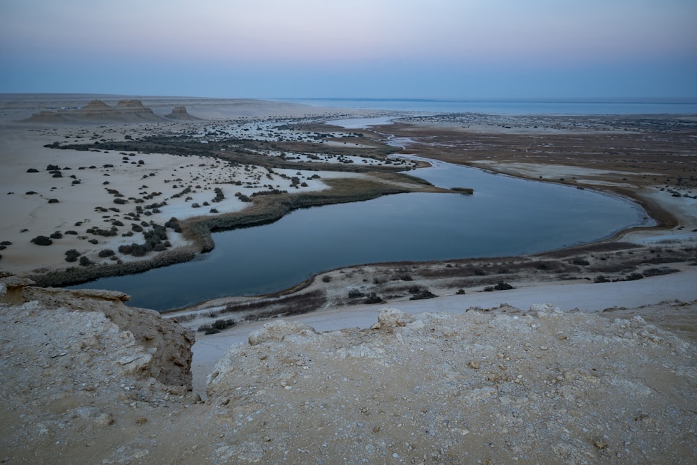 a large body of water surrounded by desert land