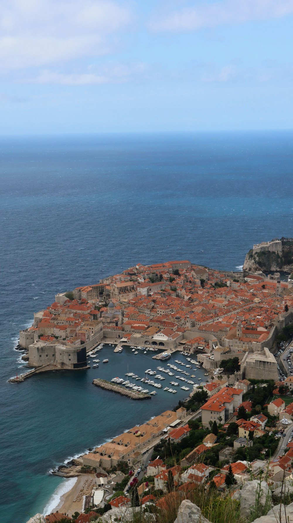 an aerial view of a city by the water