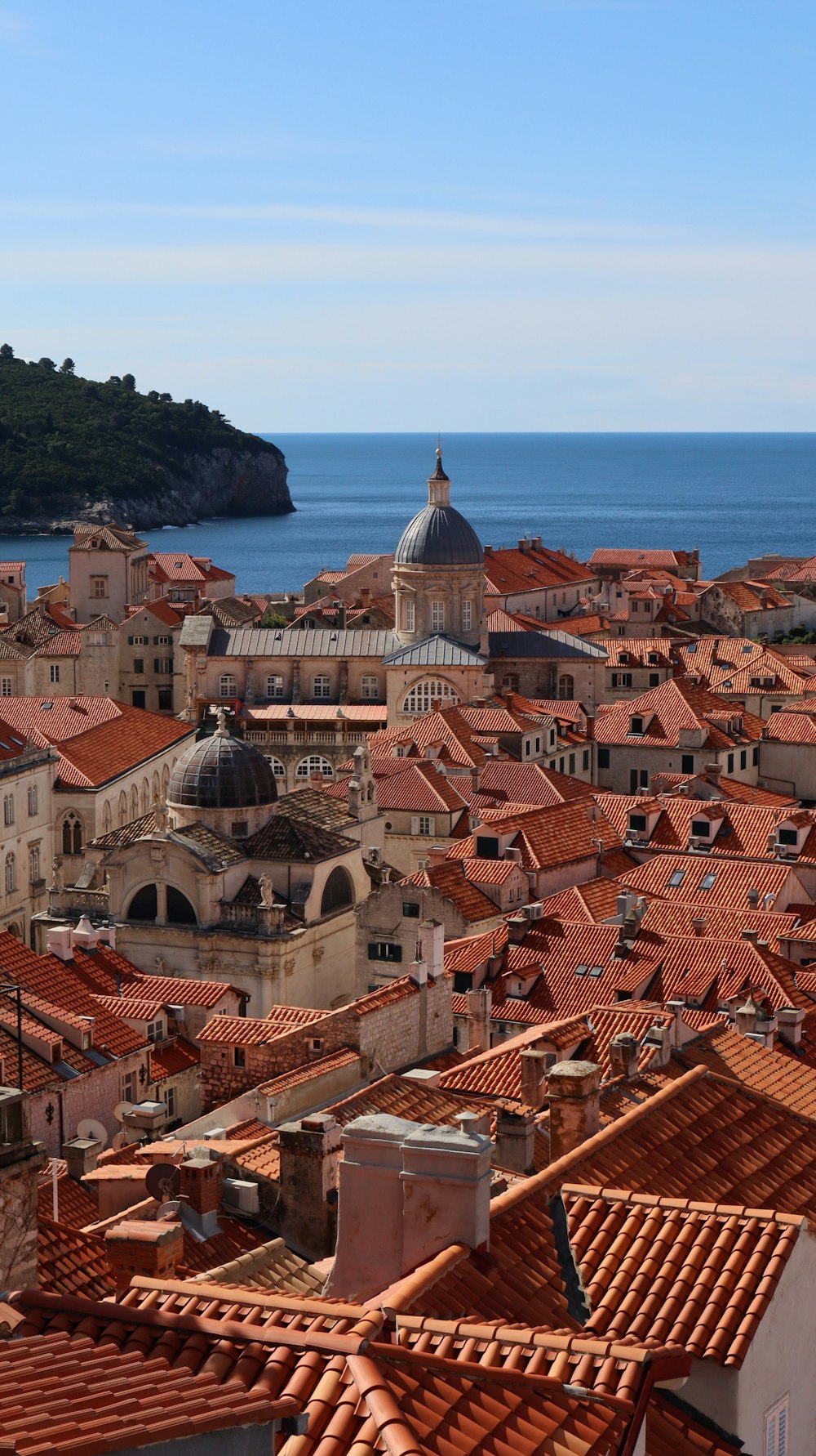 a view of a city with red roofs and a body of water in the background