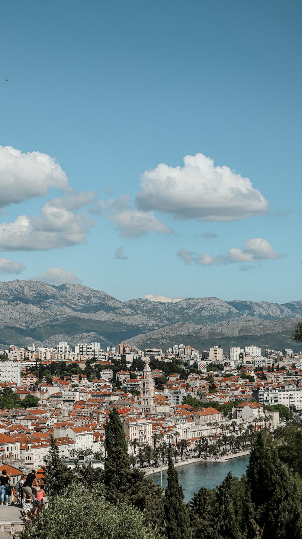 a view of a city with mountains in the background