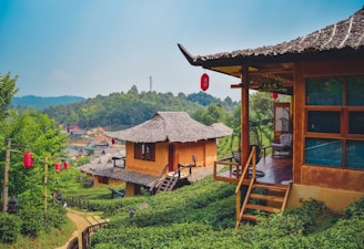 a house with a thatched roof on a hill