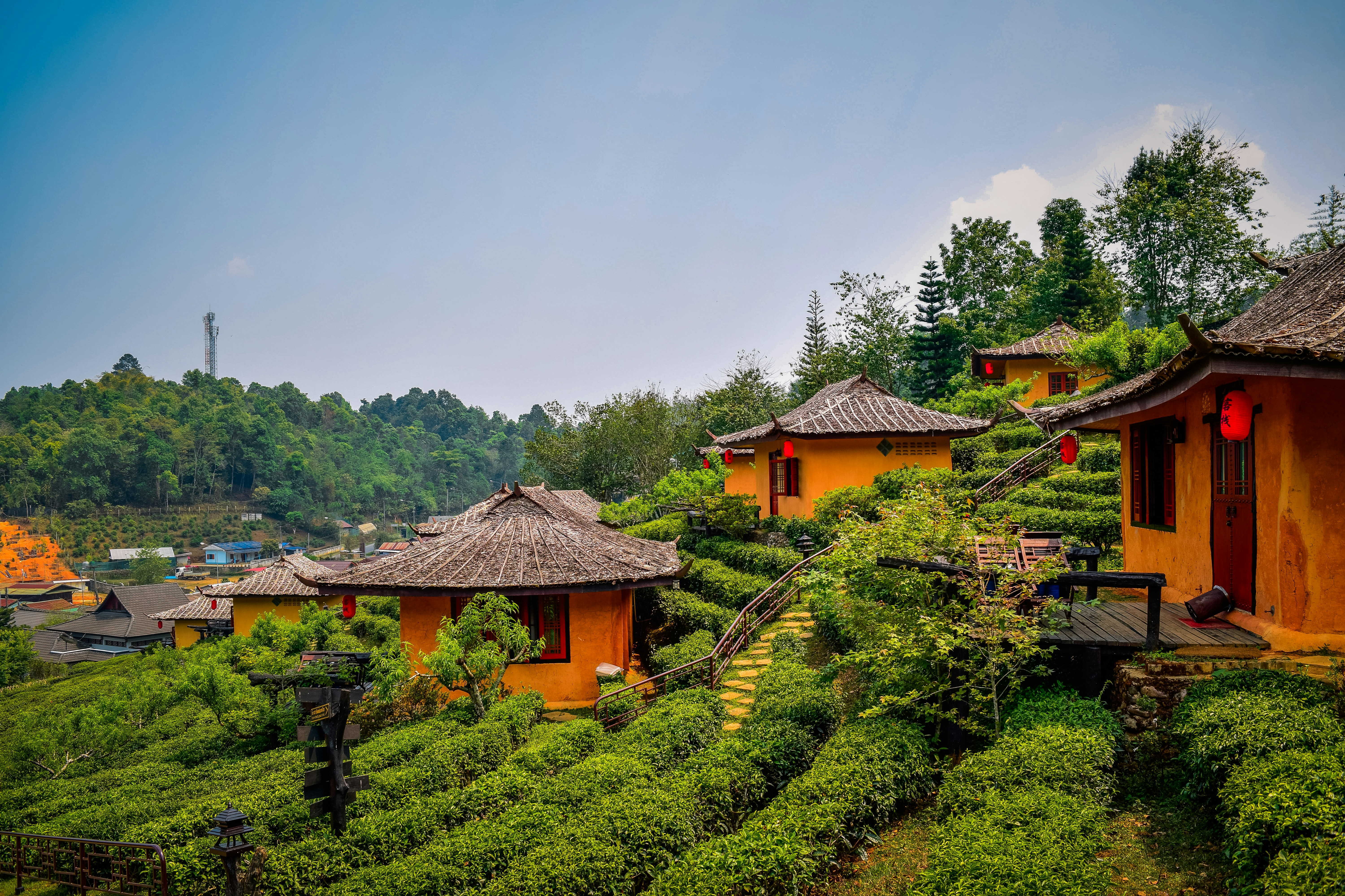 a row of orange houses sitting on top of a lush green hillside