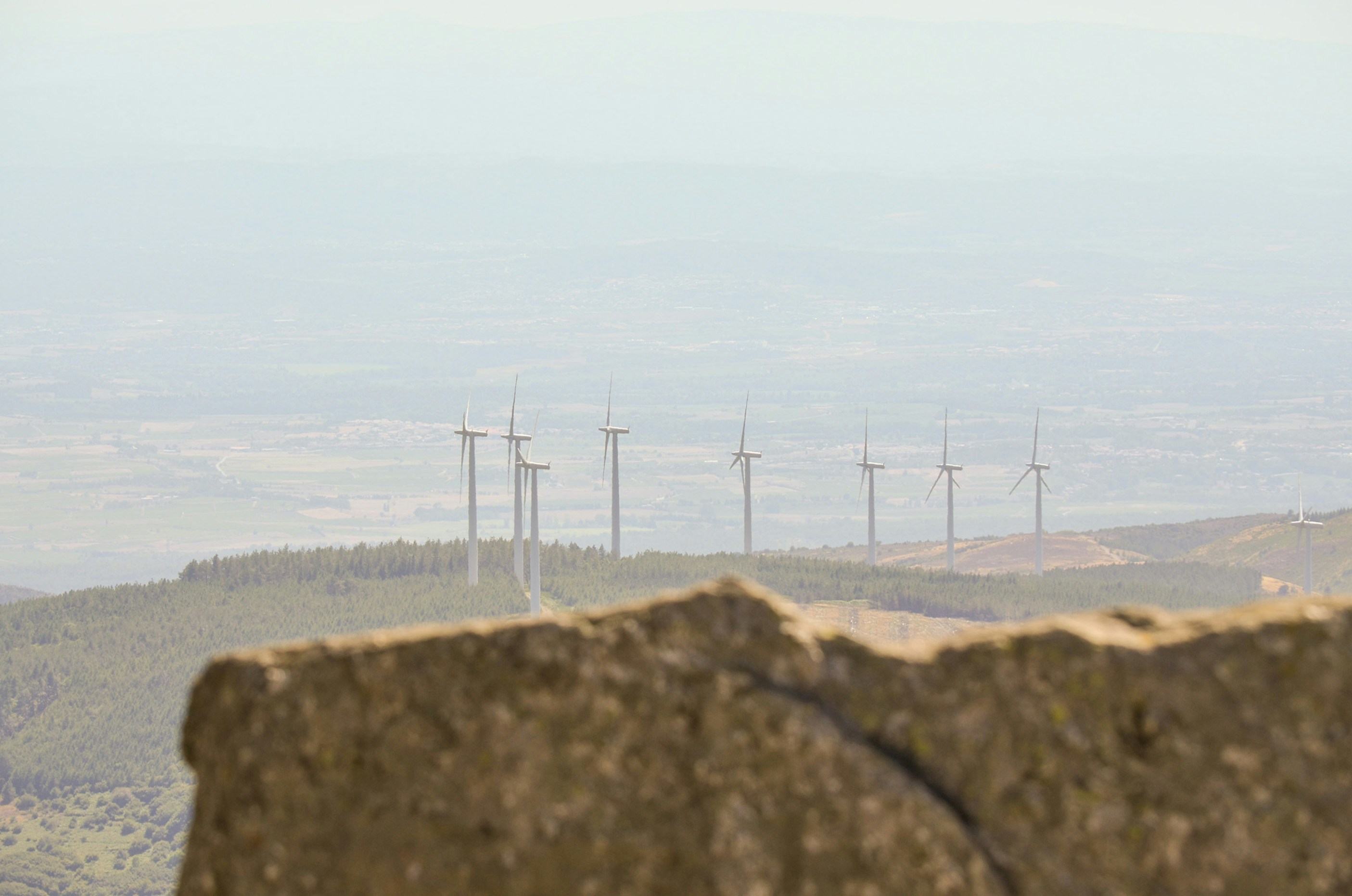 a group of wind turbines on a hill