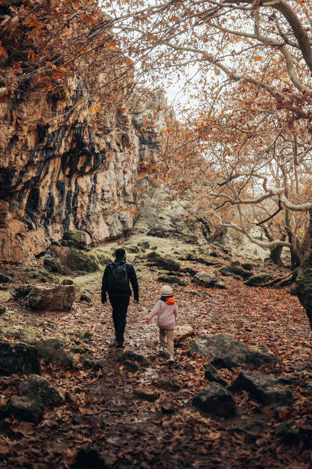 a man and a child walking through a forest