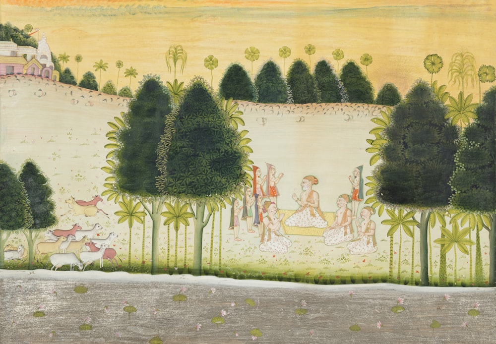 a painting of people and animals in a forest