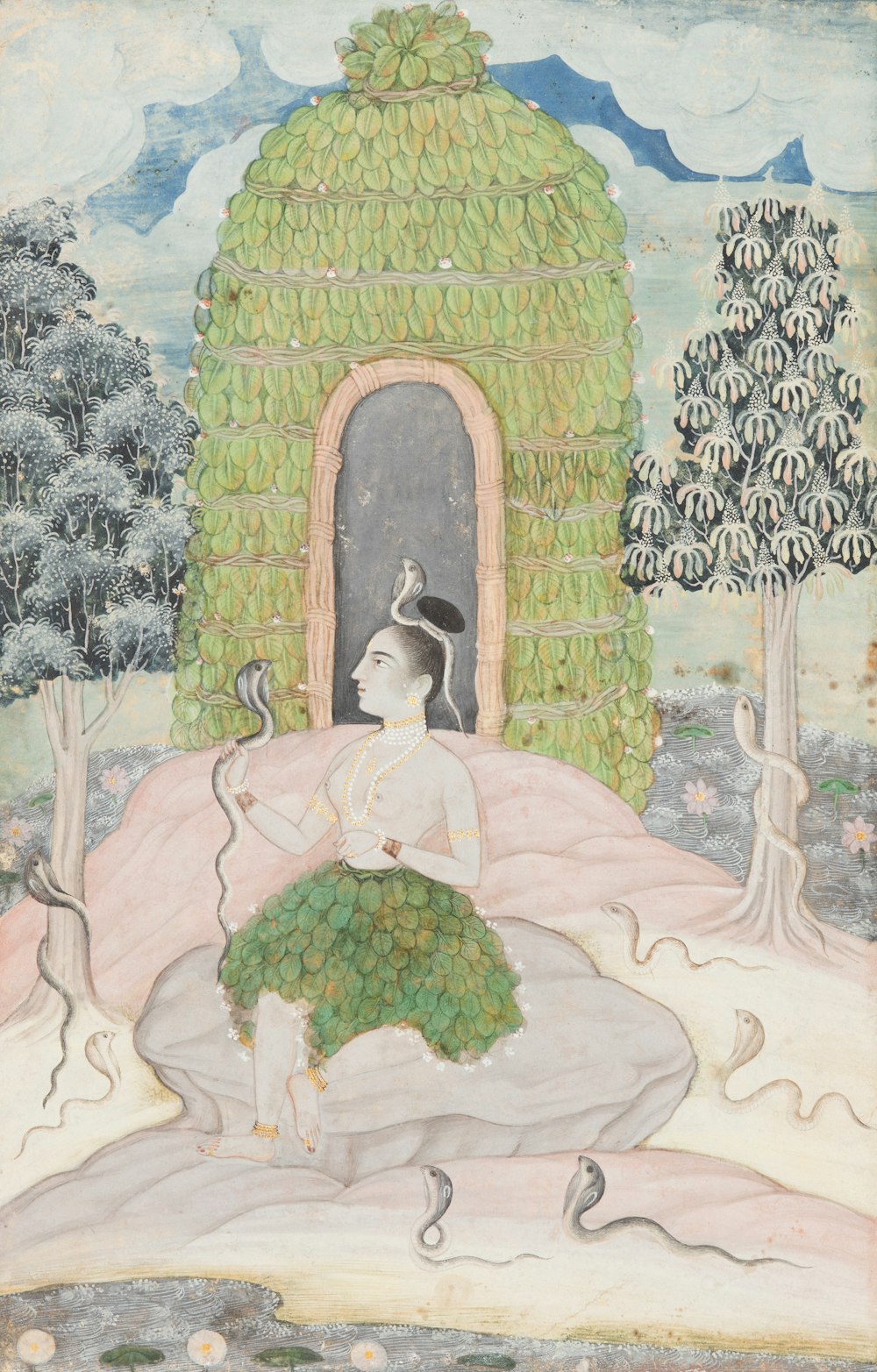 a painting of a woman sitting in front of a doorway