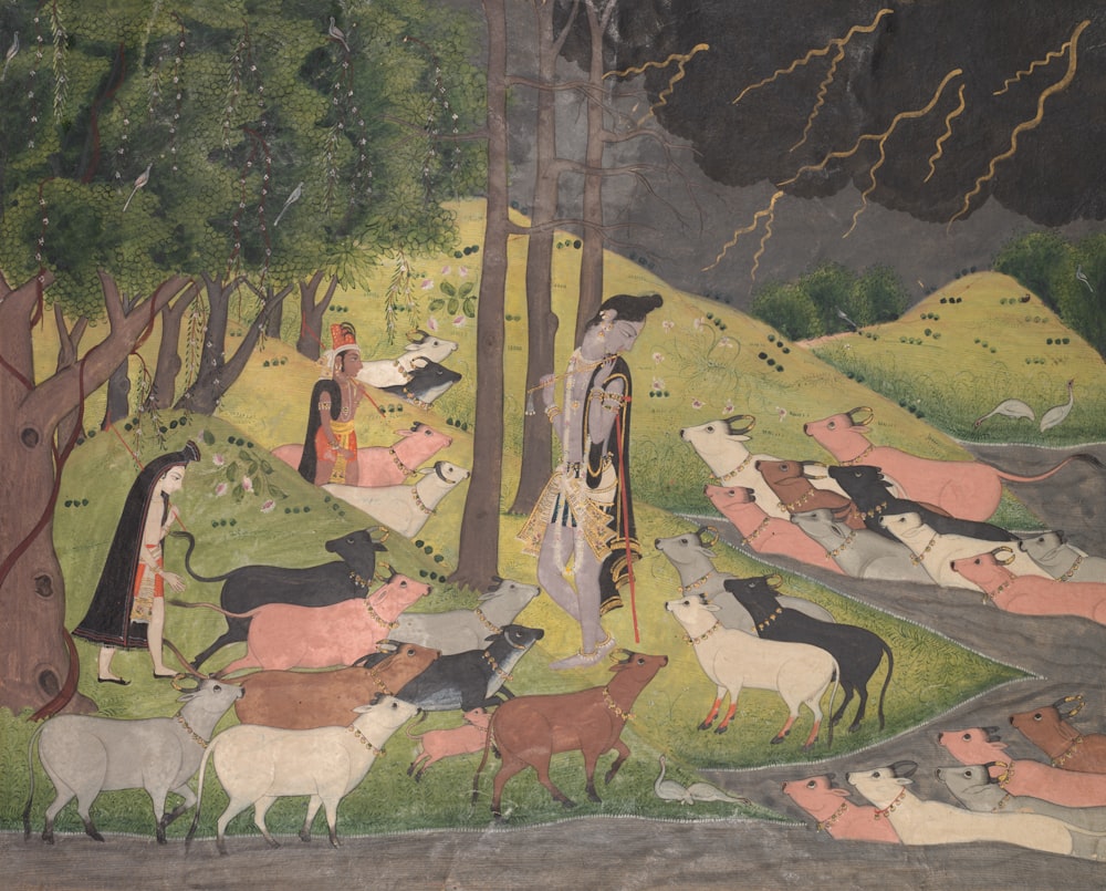 a painting of people and animals in a forest