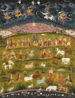 a painting of people and animals in a field