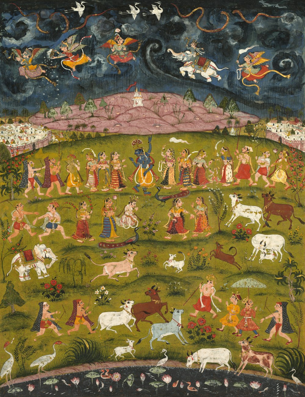 uma pintura de pessoas e animais em um campo