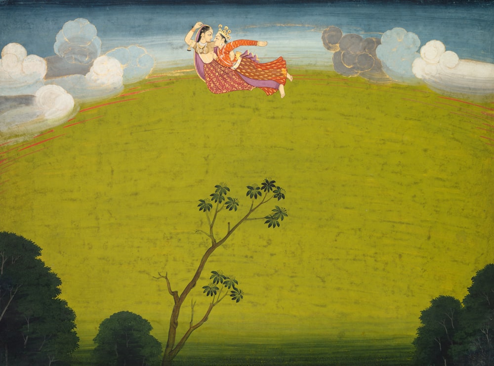 a painting of a man falling off of a tree