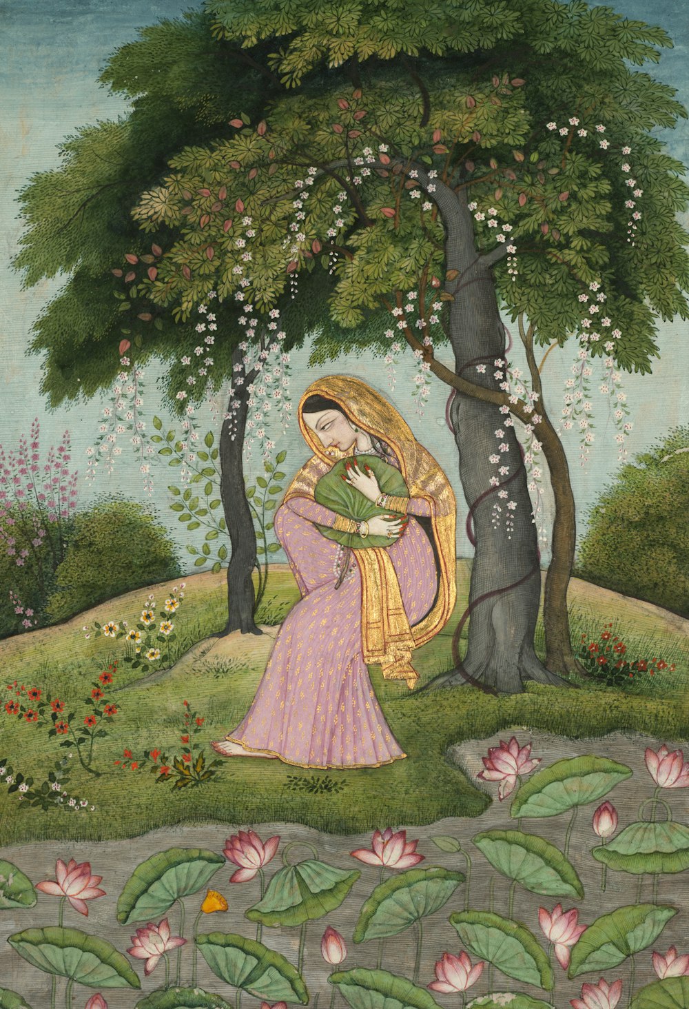 a painting of a woman sitting under a tree