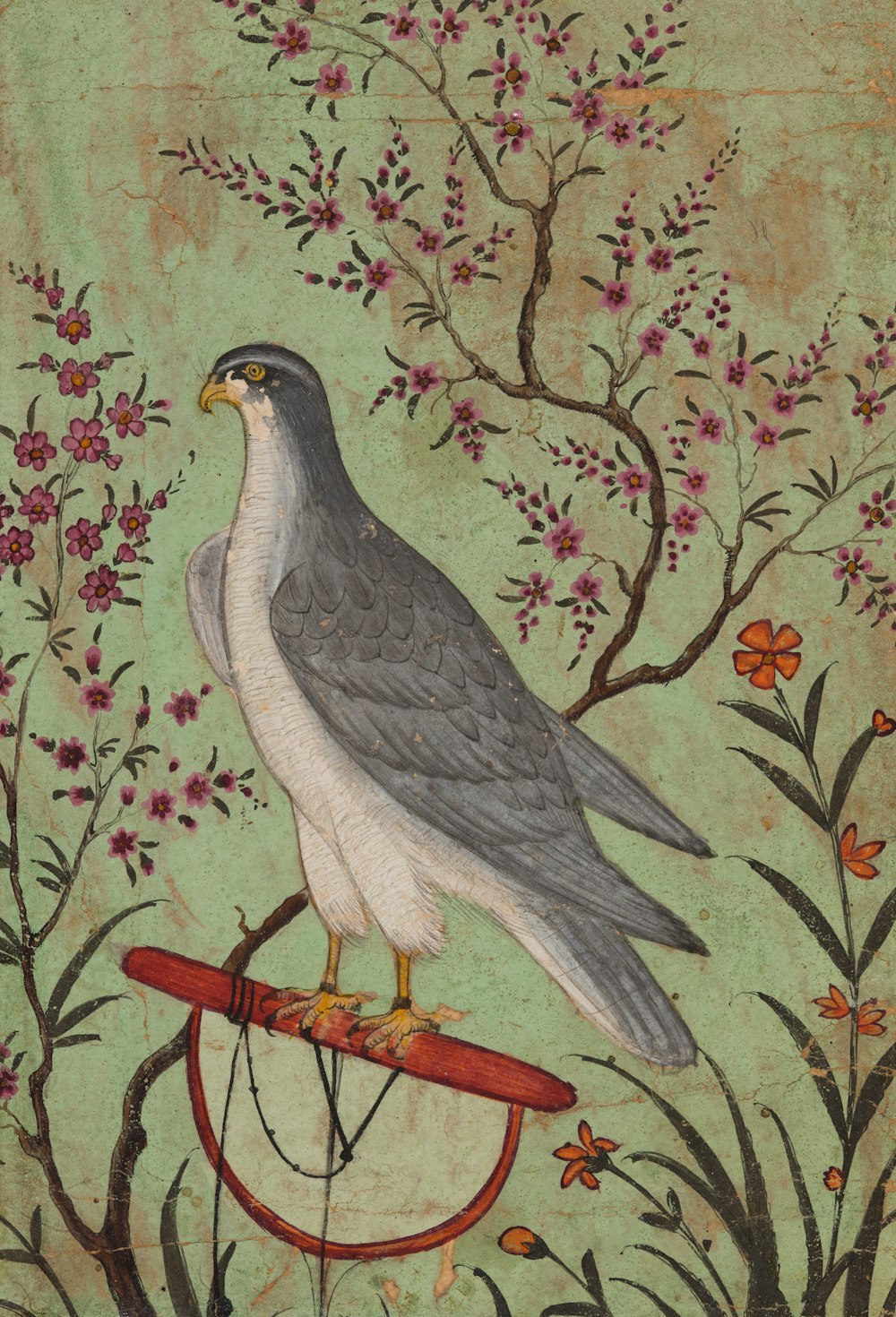 a painting of a bird sitting on a bicycle