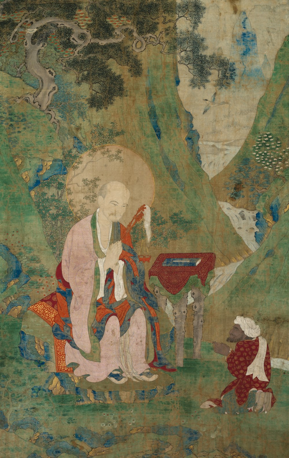 a painting of a woman sitting on a hill
