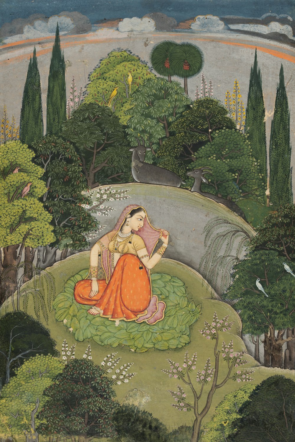 a painting of a woman sitting in a field