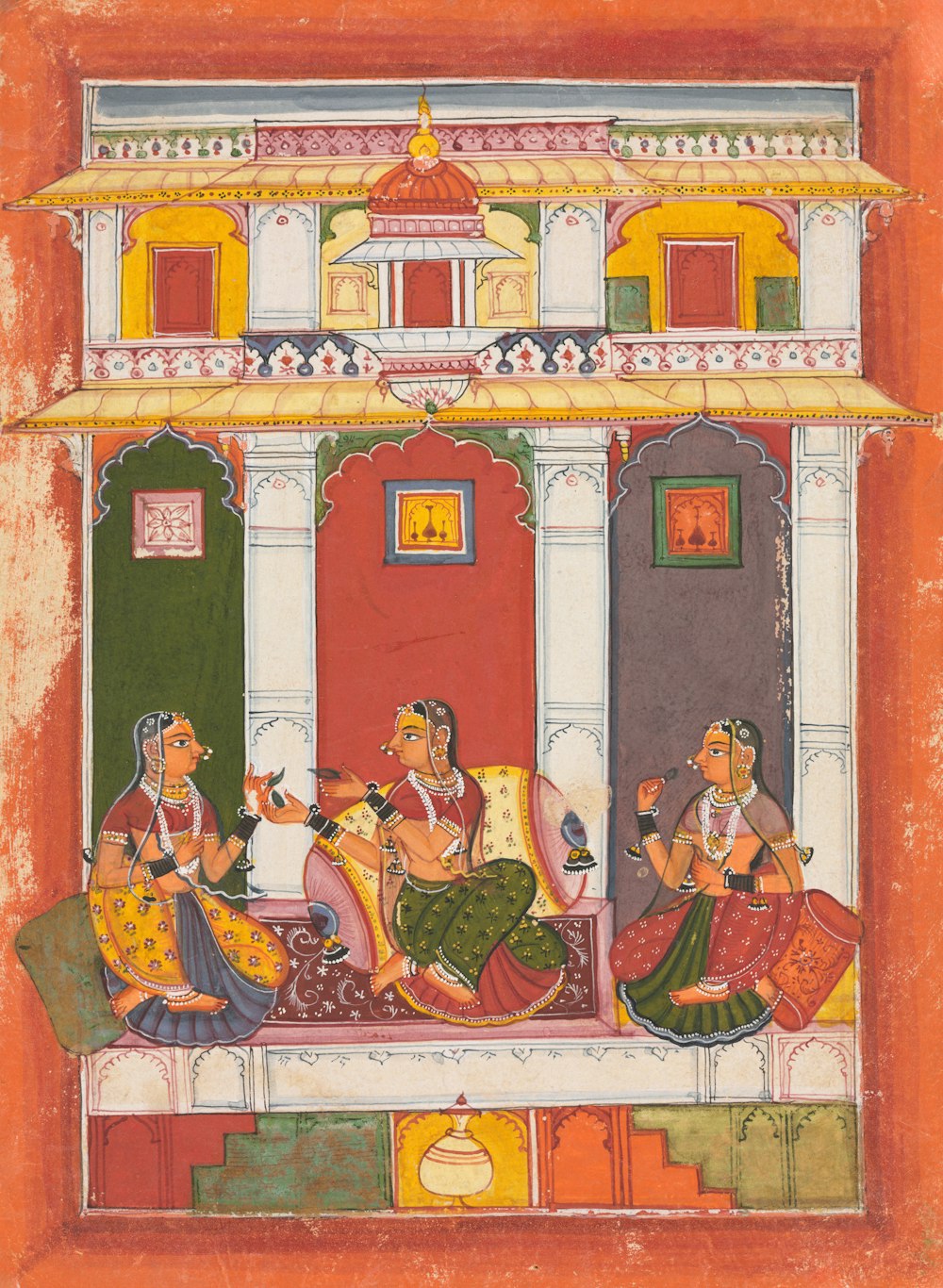 a painting of a group of people sitting in front of a building