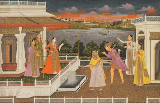 a painting of a group of people on a balcony