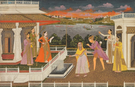 a painting of a group of people on a balcony