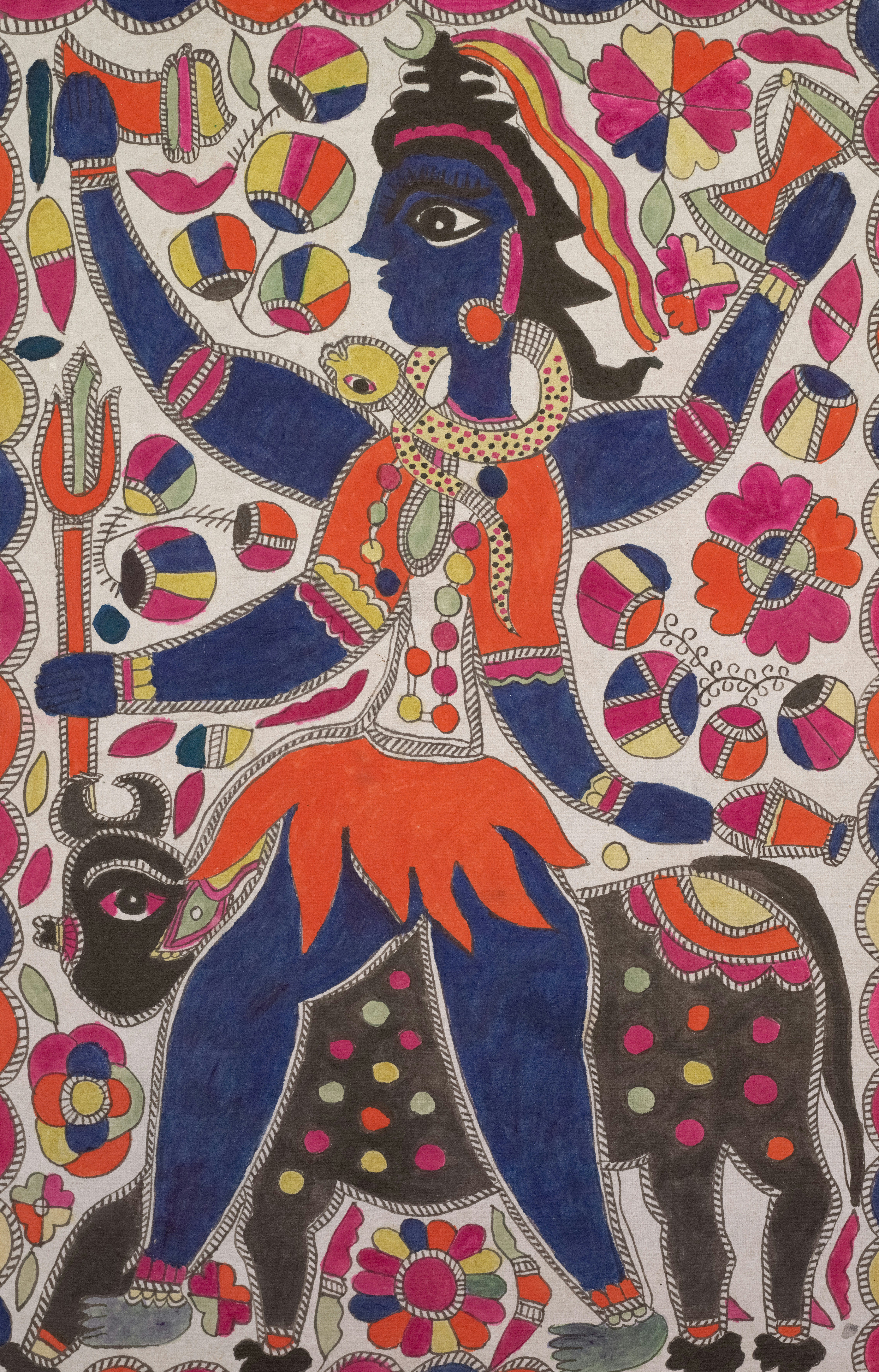 Woman wearing a festive lehenga with bright colors and intricate patterns