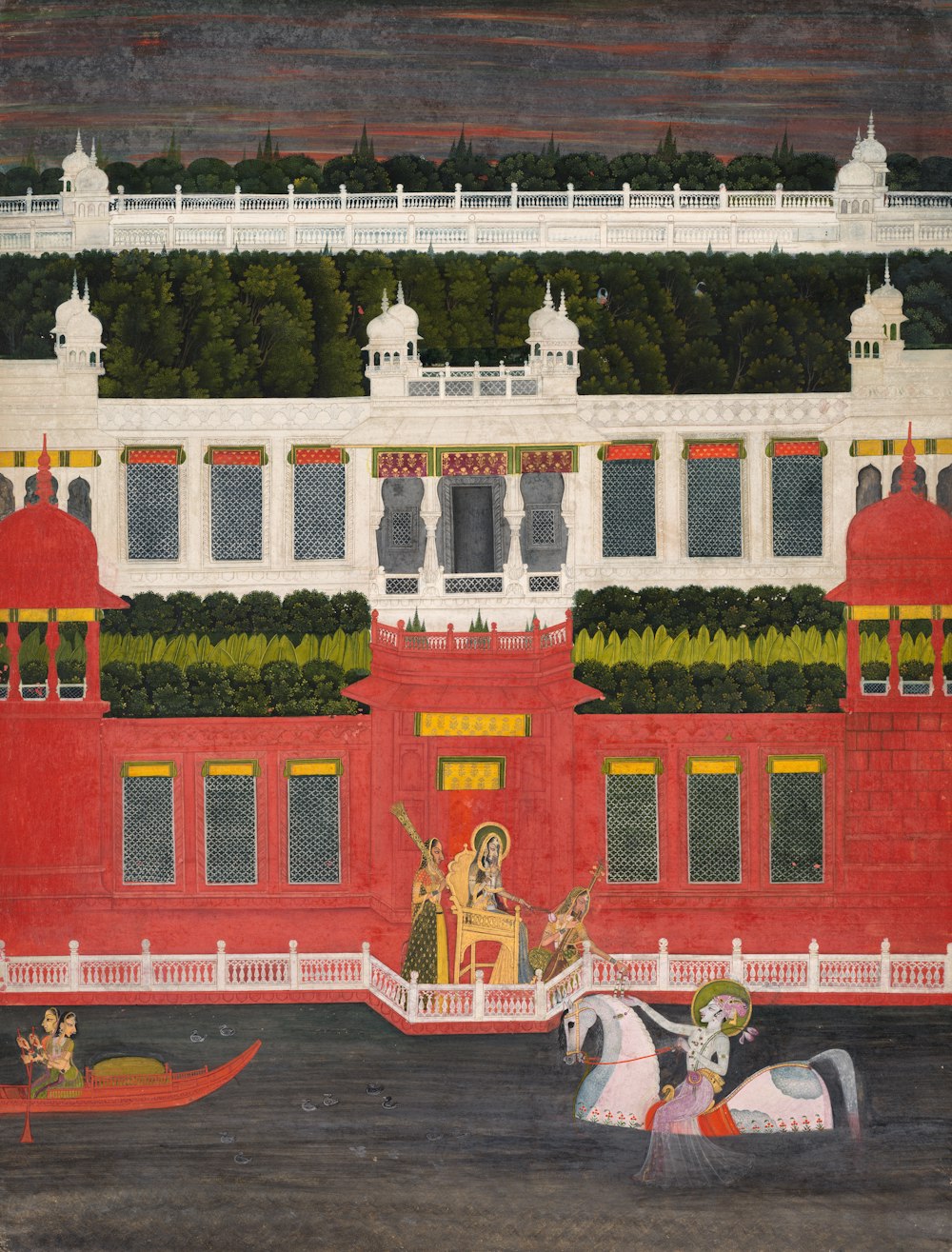 uma pintura de um palácio com um cavalo e um barco