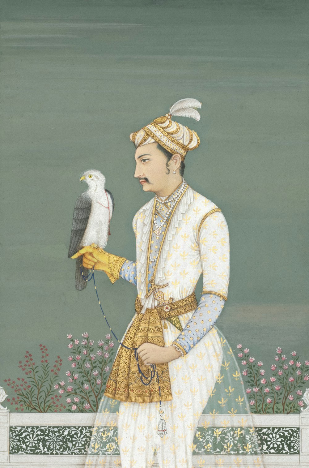 a painting of a man holding a bird