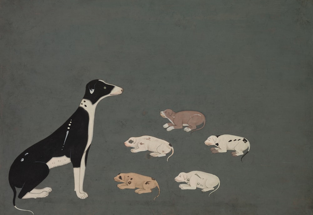a painting of a dog and a group of puppies