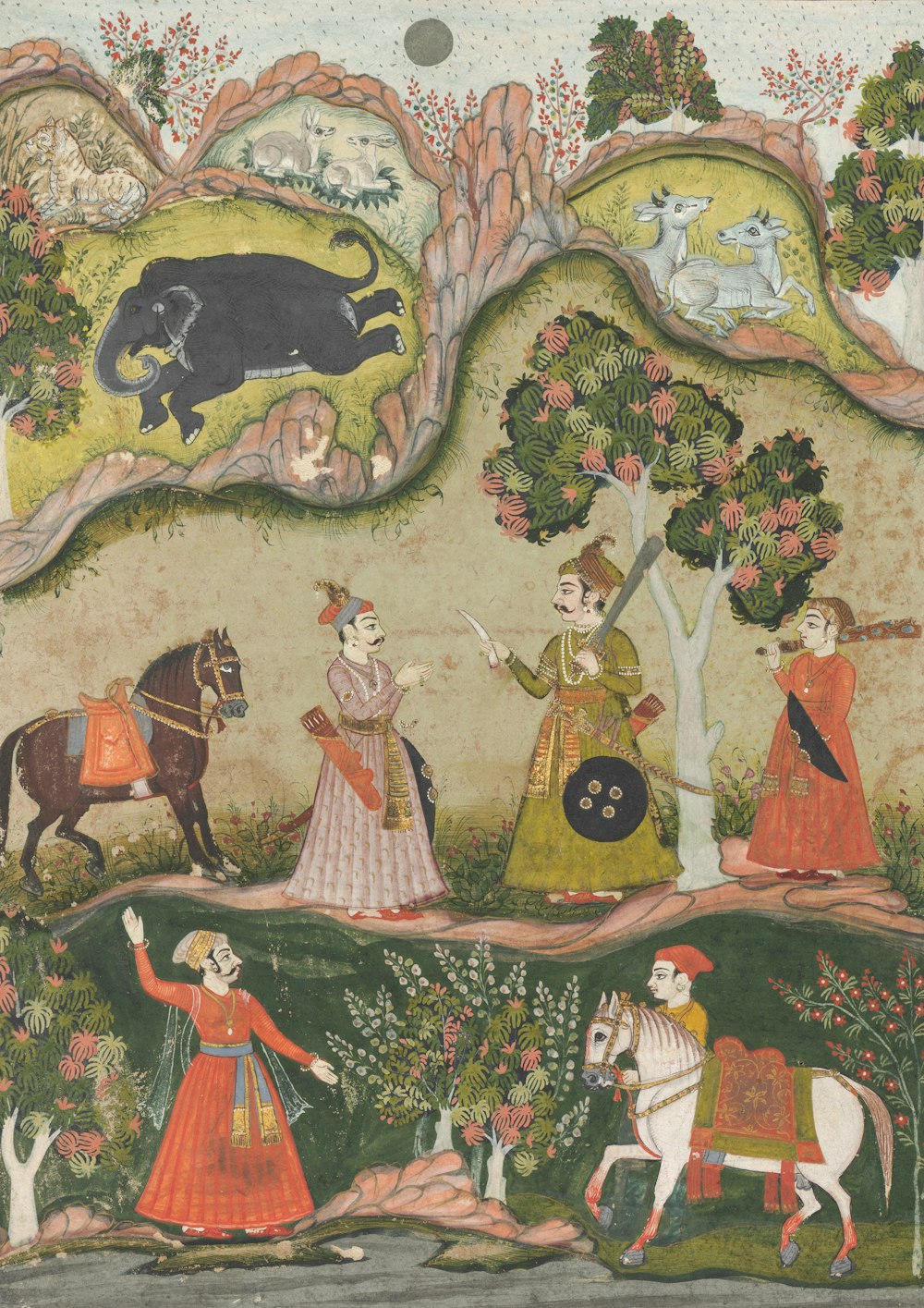 a painting of people and animals in a forest