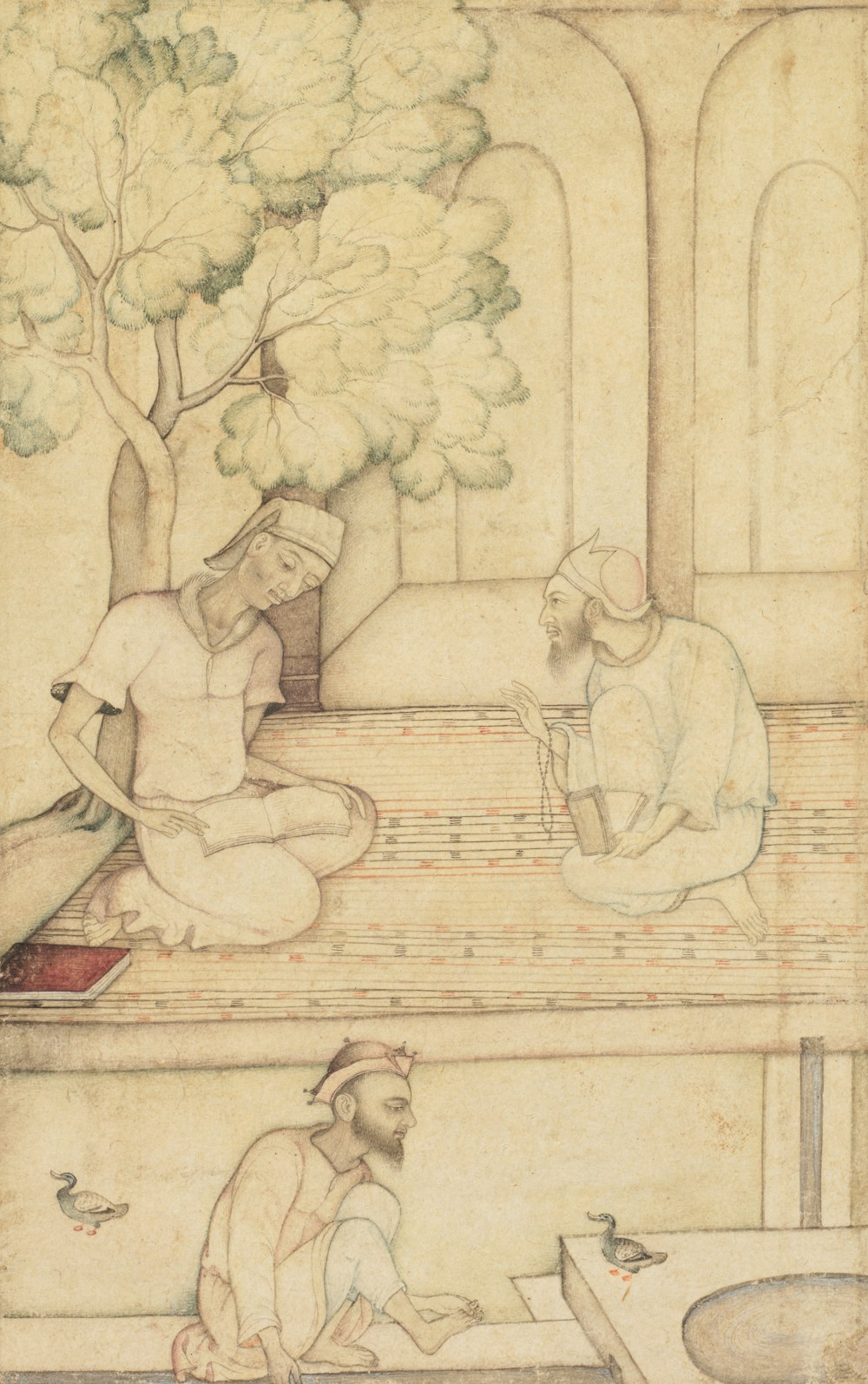 a painting of two men sitting on a bench