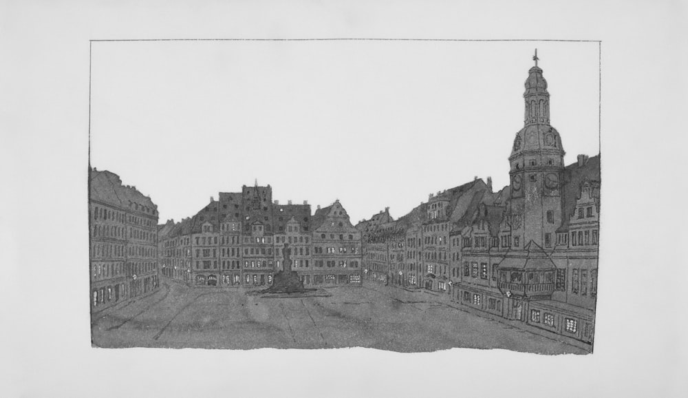 a drawing of a city with a clock tower