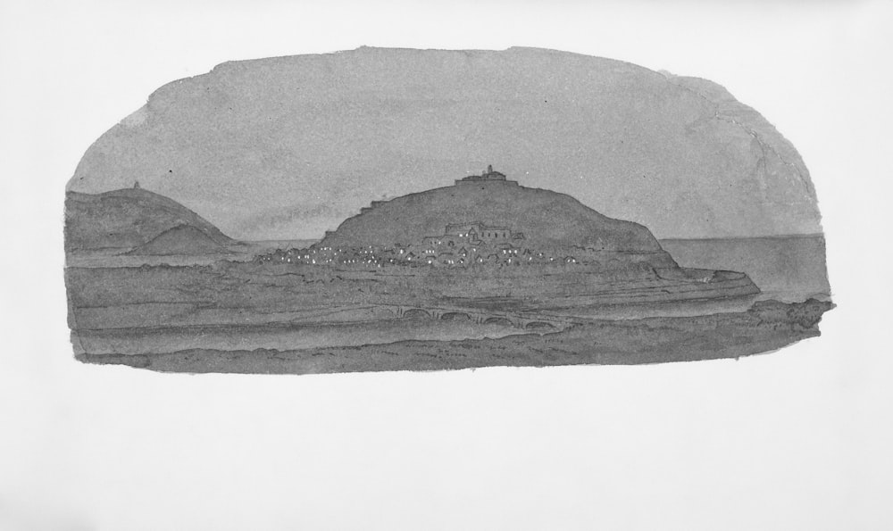 a black and white drawing of a mountain