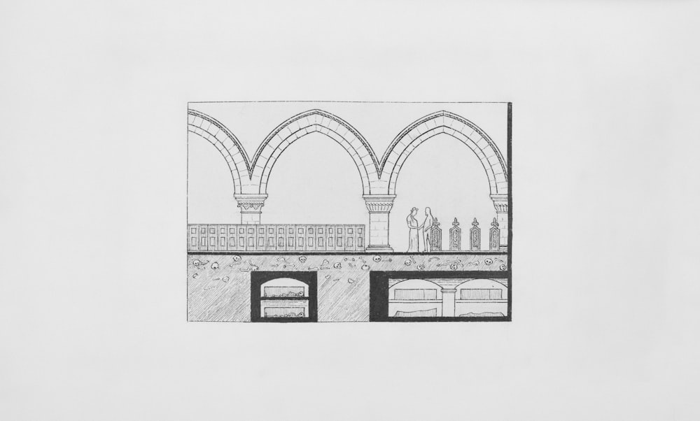 a drawing of a building with arches and arches