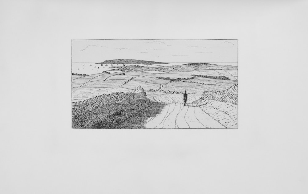 a drawing of a person standing on a hill