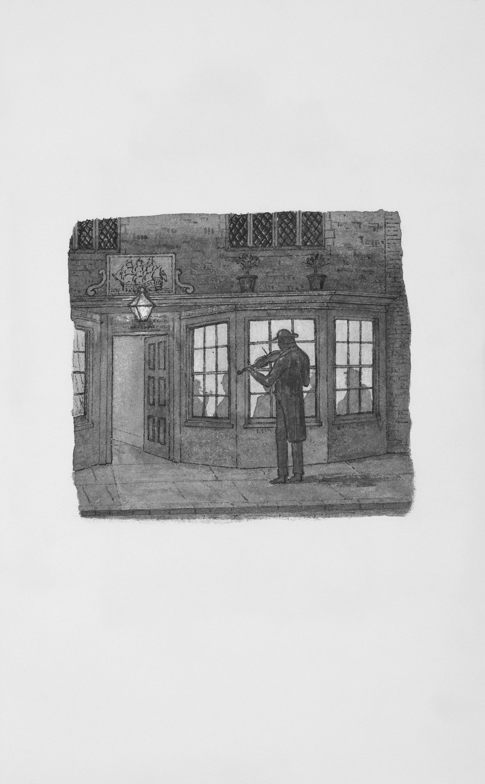 a drawing of a man standing in front of a building
