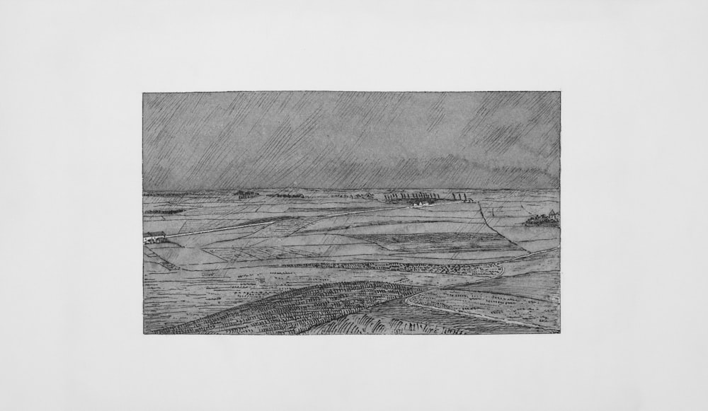 a black and white drawing of a landscape