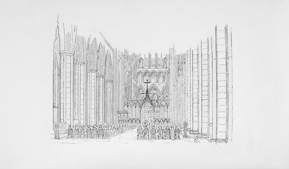 a black and white drawing of a cathedral