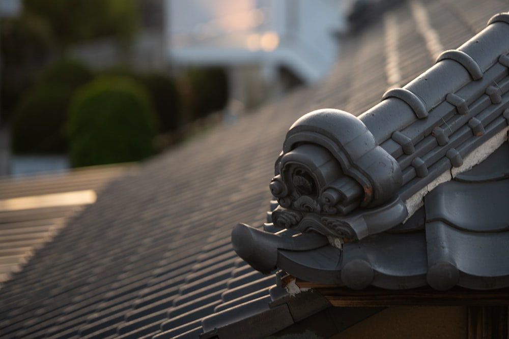 a close up of a roof with a building in the background