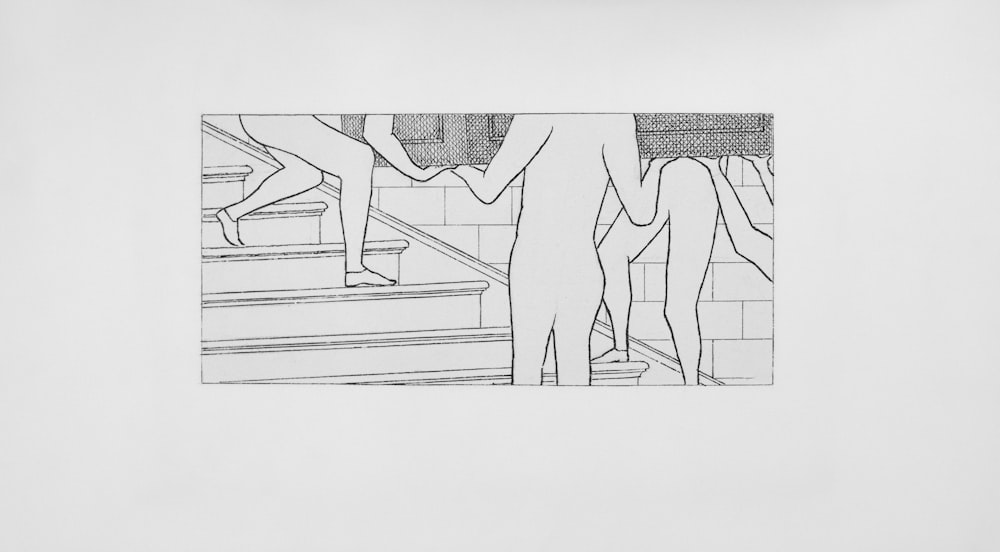 a black and white drawing of two people walking up a flight of stairs