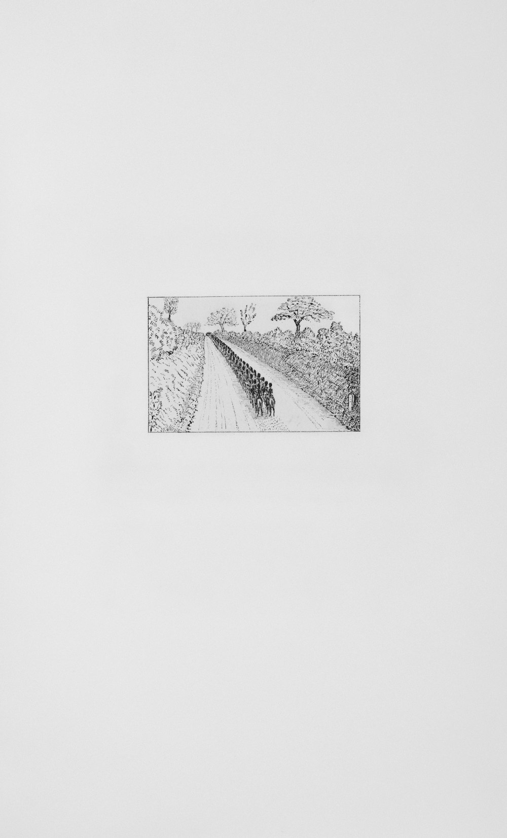 a black and white drawing of a person walking down a road