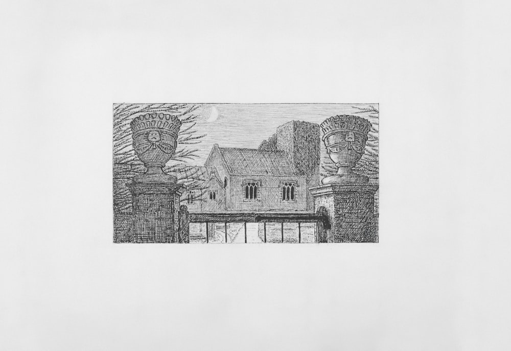 a drawing of a house with a gate in front of it