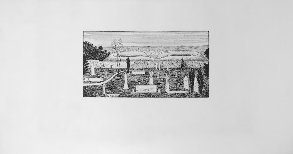 a black and white drawing of a landscape