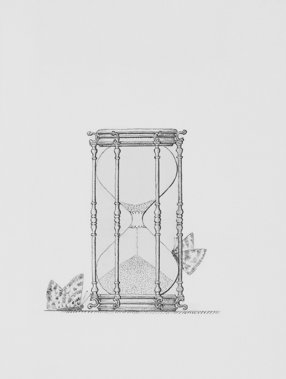 a drawing of an hourglass with a bird flying by