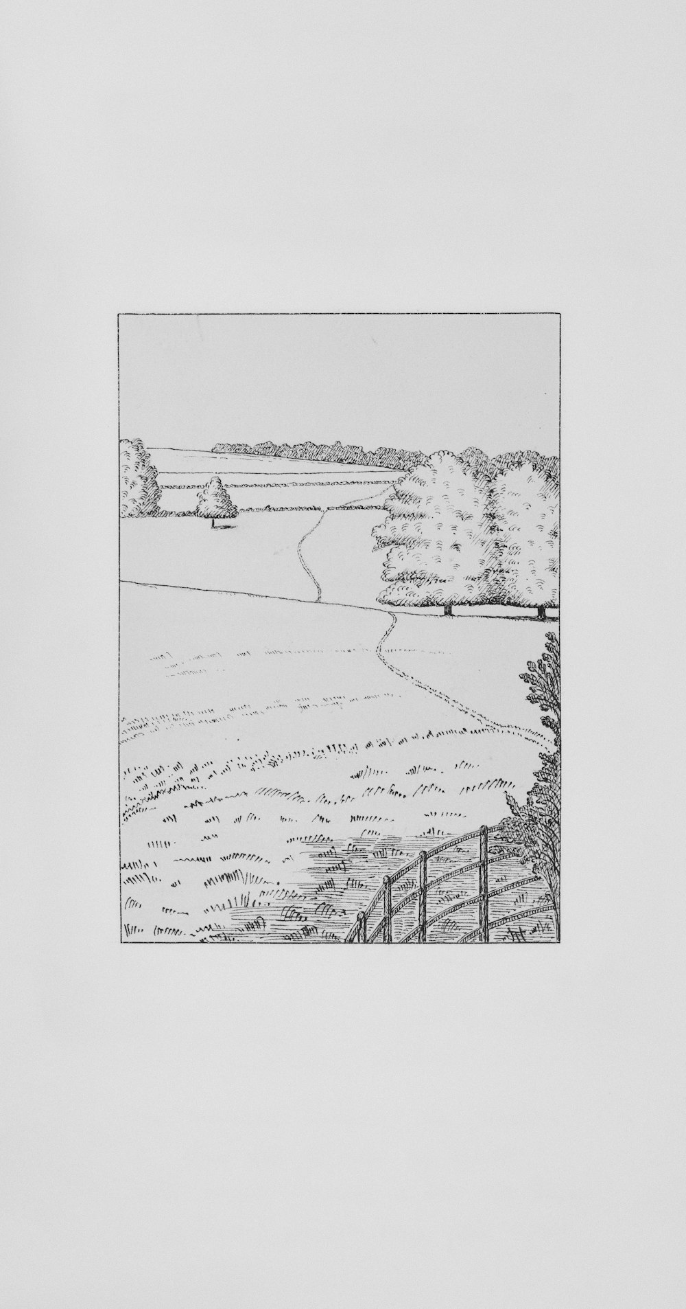 a black and white drawing of a landscape